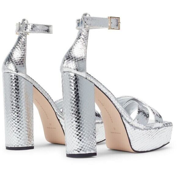 GOOD AMERICAN Snake Embossed High Block Heel Platform Sandals Silver 12 NEW - Picture 2 of 5